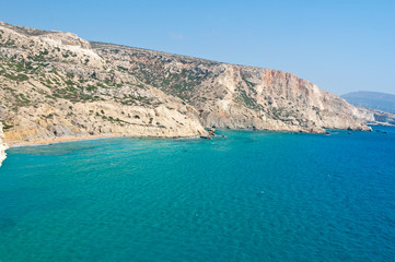 Libyan sea and the red beach near Matala.Crete island.