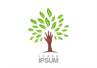 Fototapeta premium Green tree with hands-shaped trunk and many ecological icons