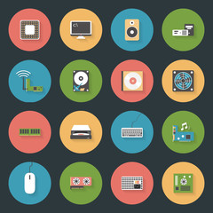 Computer peripherals and parts flat icons set