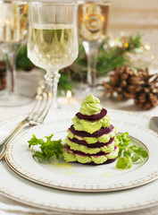 Millefeuille with beetroot and avocado mousse