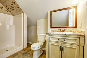 Bathroom with vaulted ceiling. Vanity cabinet and mirror