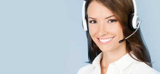 Support phone operator in headset, on blue