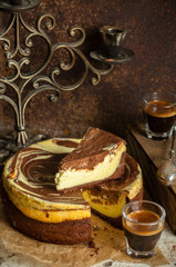 Marble chocolate coffee cheesecake, selective focus