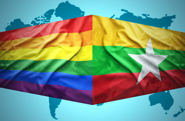Waving Myanmar and Gay flags