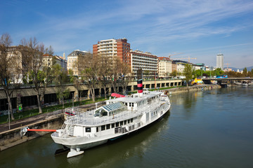 Boat on Danube river in Vienna Austria