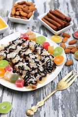 Sweetened fried banana on plate, close-up