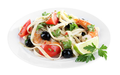 Fresh prawns with spaghetti, olives, tomatoes and parsley in a