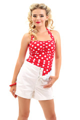 Beautiful girl with pretty smile in pinup style, isolated