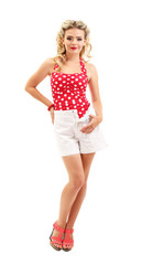 Beautiful girl with pretty smile in pinup style, isolated