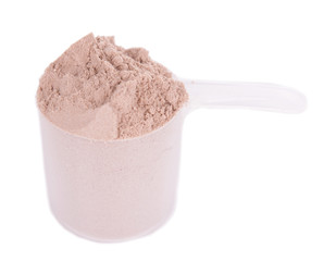Whey protein powder in scoop isolated on white