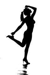 silhouette of a young pretty woman posing on white