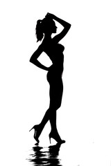 silhouette of a young pretty woman posing on white