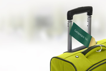Galapagos. Green suitcase with label at airport.