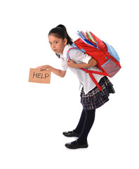 sweet little girl carrying heavy backpack or school bag full - obrazy, fototapety, plakaty