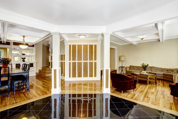 Luxury interior. Foyer with black shiny tile floor, columns and