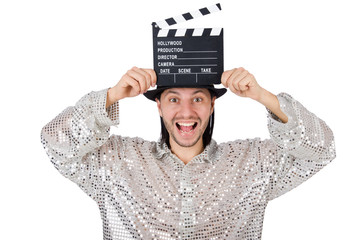 Man with movie clapperboard and hat