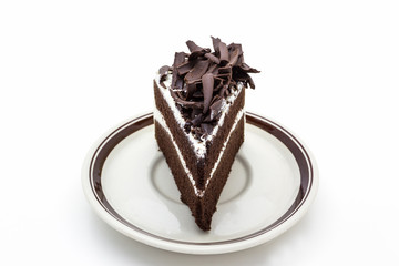 Chocolate cake slice on white background.