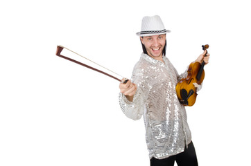 Funny man with violin on white