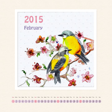 Calendar for february 2015 with bird, watercolor painting