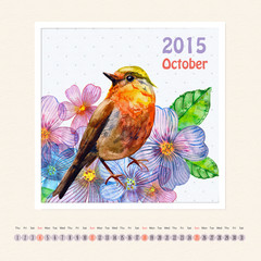 Calendar for october 2015 with bird, watercolor painting