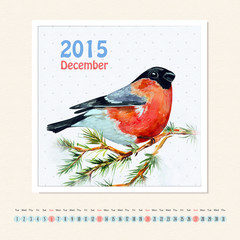 Calendar for december 2015 with bird, watercolor painting