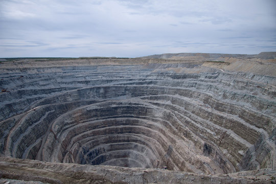 Aerial view to the diamond open mine in Udachny town, Sakha Yaku