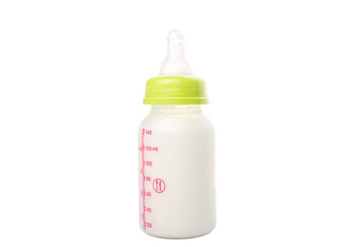 Milk in a baby bottle over white background 