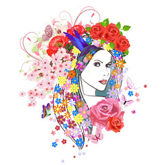 beautiful fashion young woman with flowers in hair. portrait of