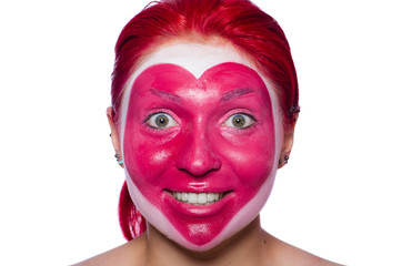 Woman with heart face painting isolated on white