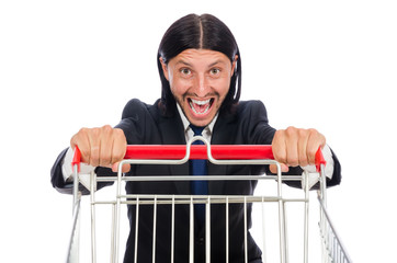 Fototapeta na wymiar Man shopping with supermarket basket cart isolated on white