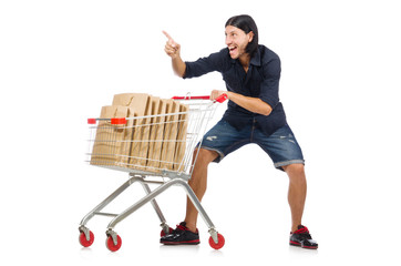 Man shopping with supermarket basket cart isolated on white