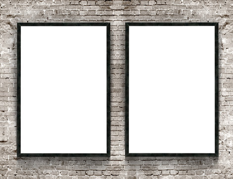 Two blank banners with wooden frame on brick wall background