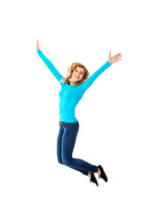 Young casual woman, student jumping.