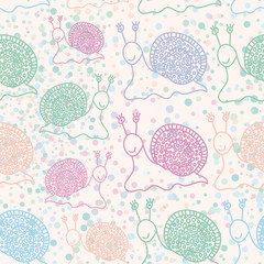 Seamless pattern with funny snails. Pastel colors background. Ve