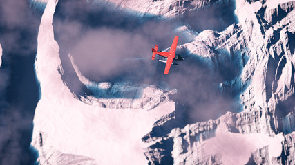 Aerial of red airplane flying over arctic snow landscape with bl © ysbrandcosijn