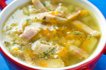 Soup broth with bacon