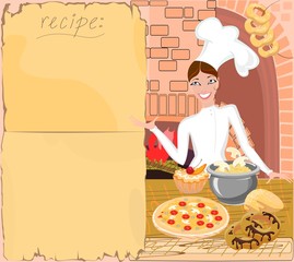 Background with  chef and  recipe