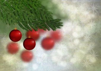 Red Christmas ornament in pine tree, stars in the background