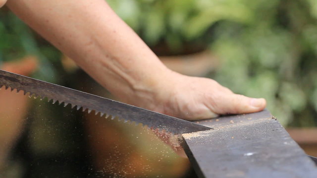 carpenter worker sawing wood board with hand saw
