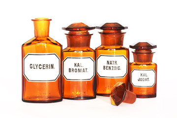 Pharmacy, glass bottle and the pills, Medicine