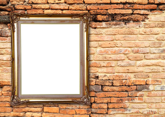 Fototapeta na wymiar blank golden frame on brick stone wall