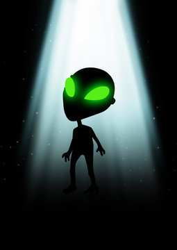 Illustration of an alien with glowing green eyes
