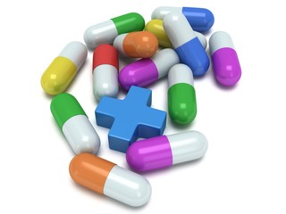 Medical cross and pale of pills 3d