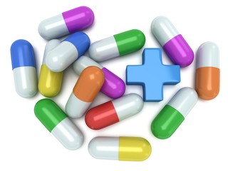 Medical cross and pale of pills 3d