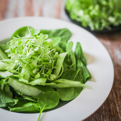 Salas with spinach,cucumber and microgreens on wooden background