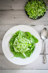 Salas with spinach,cucumber and microgreens on wooden background