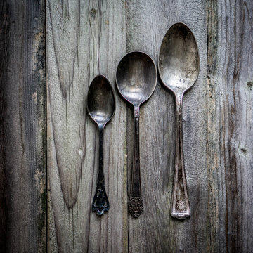 Rustic Silverware Set On Wooden Background