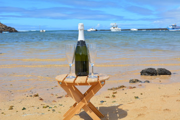 Fototapeta na wymiar Two Glasses Of Champagne And Bottle In Paradise Island