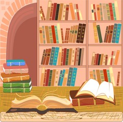 Interior of the library with an open book