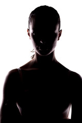 portrait of a woman with the face in shadow on white background